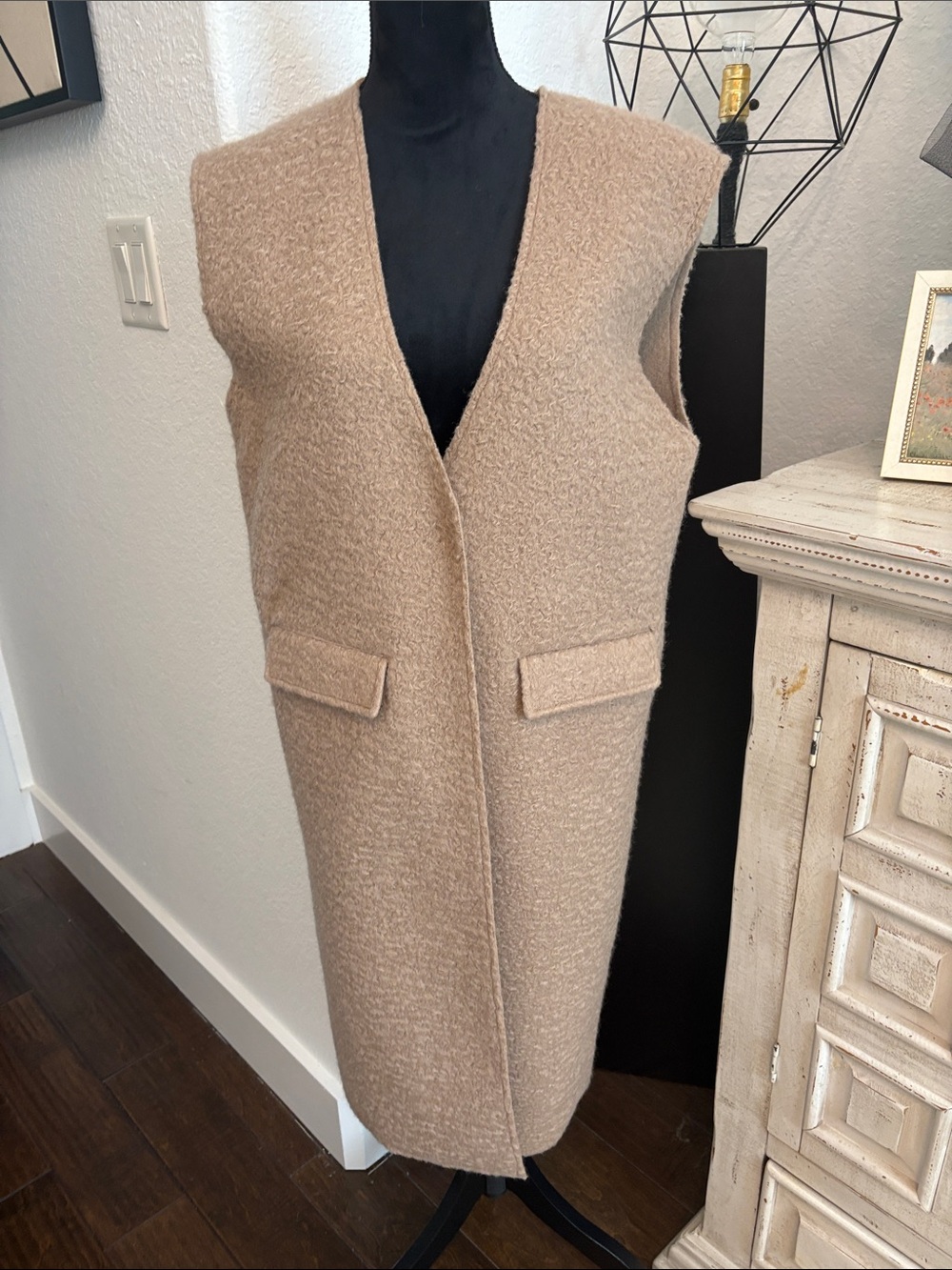 Zara Sleeveless Bouclé Long Vest in Taupe